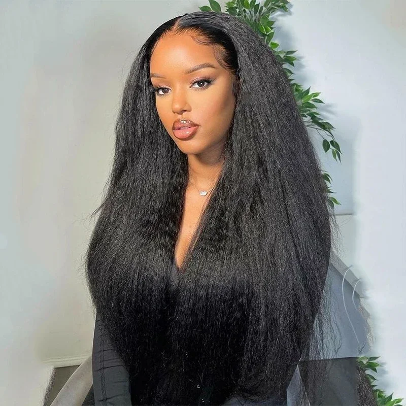 Soft Natural Black 26Inch Kinky Straight Lace Front Wig With Mached All Skins With Baby Hair Synthetic Preplucked Glueless Daily