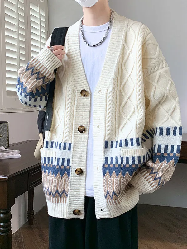 

Мужской кардиган с V-образным вырезом, свободного кроя, в американском стиле, вязаный пуловер, повседневный топ с длинными рукавами для осени и зимы