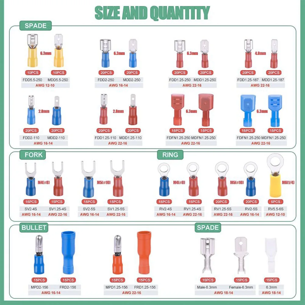 520PCS 32Types 2.8mm/4.8mm/6.3mm Male Female Connector kit Spade Fork Ring Insulated Wire Crimp Terminal Bullet Wire connector