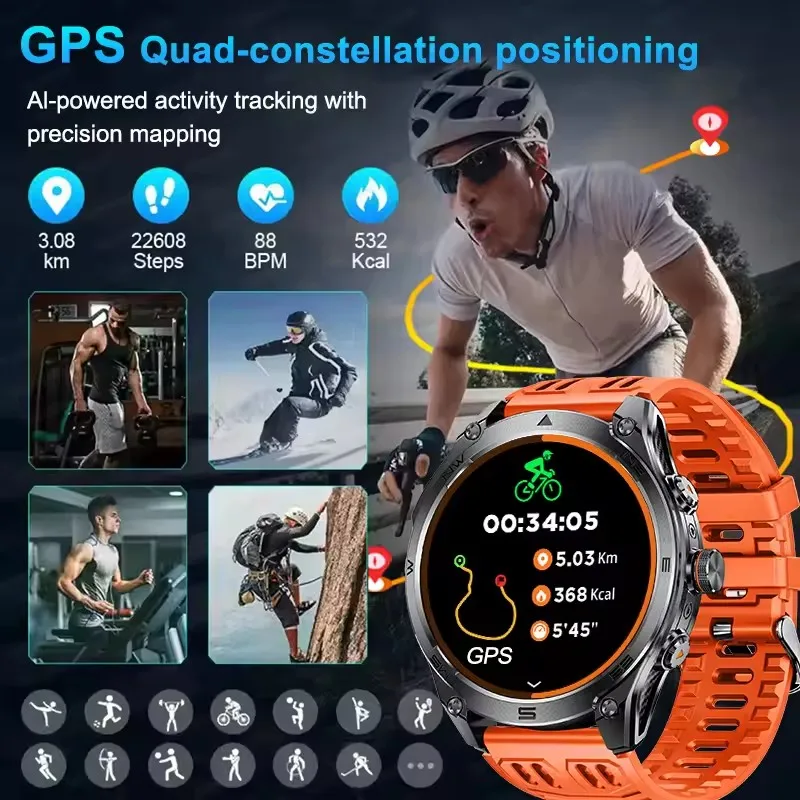 2025 New Military GPS Smart Watch 1000Mah Battery Compass 10ATM Waterproof Outdoor Sport Flashlight BT Call Smart Watch For Men