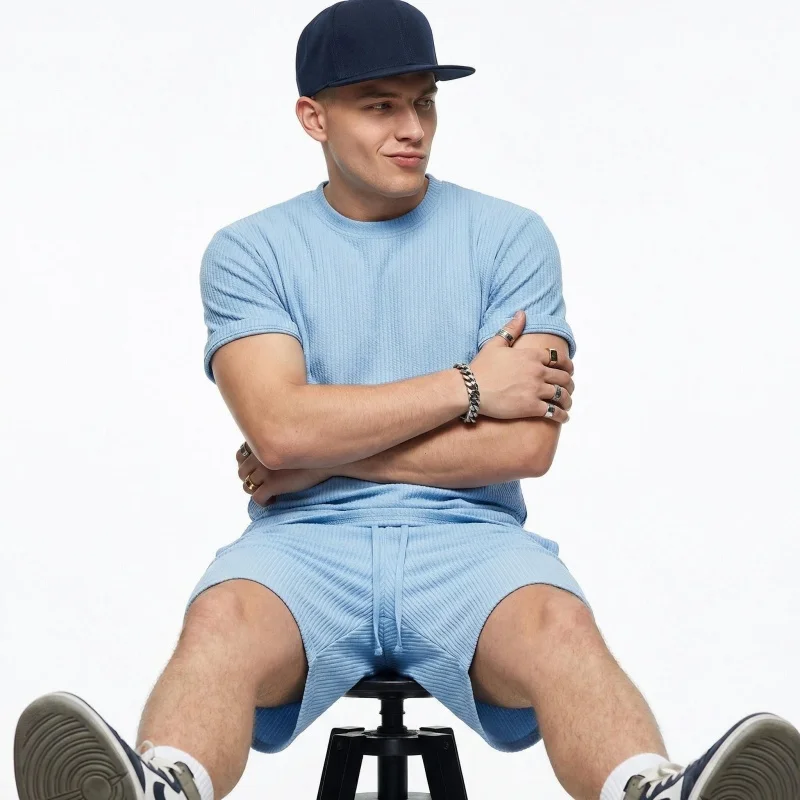 

2026 Summer Men's Casual Set Short Sleeve T-Shirt and Shorts 2 Piece Outfit Solid Color Ribbed Texture Streetwear