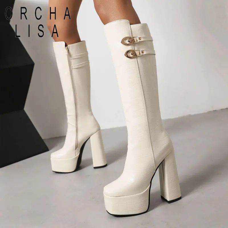 ORCHA LISA Sexy Female Boots Platform Hill 5cm Zipper Metal Décor Big Size 42 43 Party Booty Square Toe High Heels 13.5cm