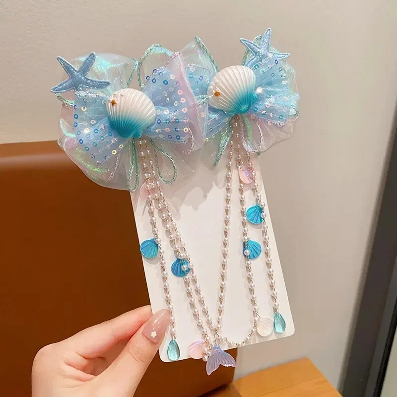 Baby cute mermaid Princess Pearl Tassel bow forehead chain hair clip children hair accessories girls super many styles hair clip