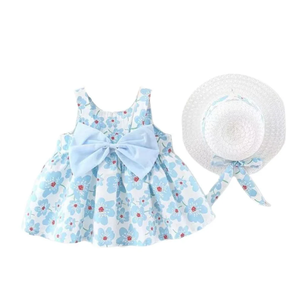 

Soft Bowknot Baby Girl Princess Dress Cotton Summer Floral Dress with Hat Loose Sleeveless Kids Flower Dress Holiday