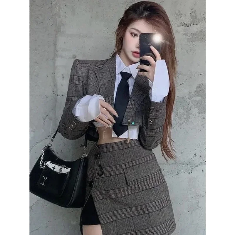 

Блейзер, куртка, комплект с юбкой, костюм из 2 предметов, укороченный топ в клетку, элегантная шикарная женская одежда, офисная женская одежда, весна-осень Femal DOs; 2,k'5,t;8.