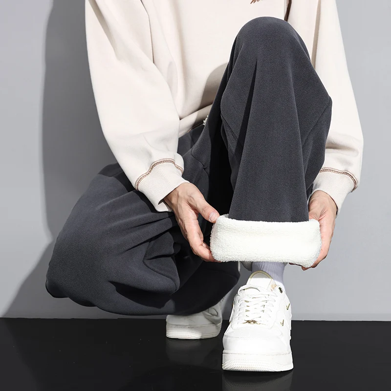 Winter Plush Thick Casual Trousers Men Fashion Trendy Pants Full Lamb Fleece Lined,Thermal Super Warm Cold Season Pants men