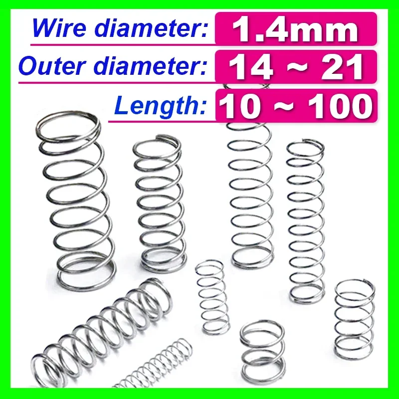 10pcs Spring Wire Diameter 1.4mm Compress Pressure Spring Rotor Return Buffer Cylidrical Coil Od 14mm~21mm 304 Stainless Steel