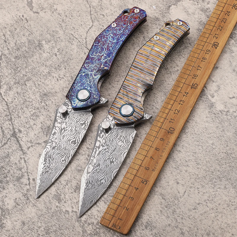 

New Damascus Fire and Lightning Titanium Alloy Handle Fishing Knife Survival Pocket Collection Hiking Fruit EDC Knife