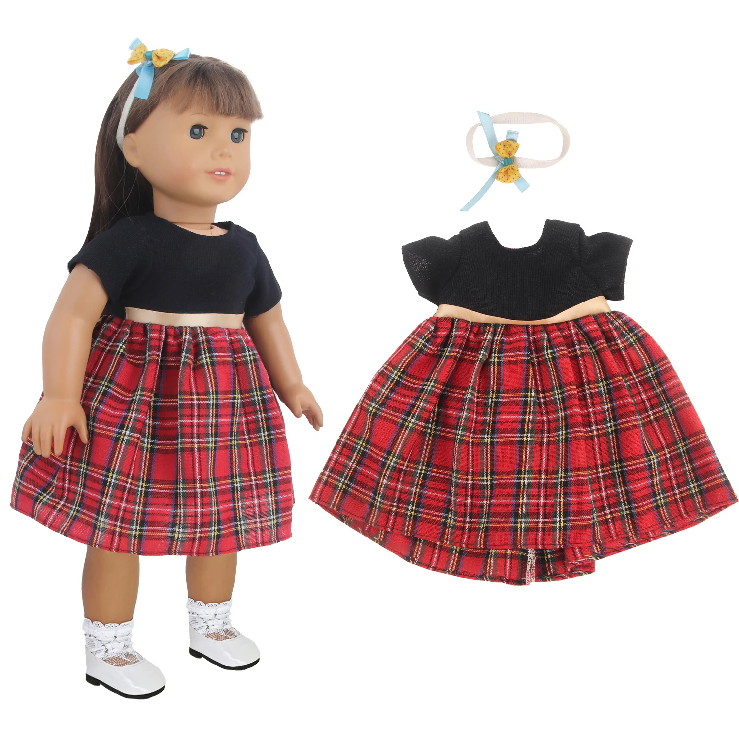 Conjunto de vestido de muñeca para muñecas americanas de 18 pulgadas, falda escocesa a cuadros (vestido, calcetines y diadema), para muñecas recién nacidas de 43cm