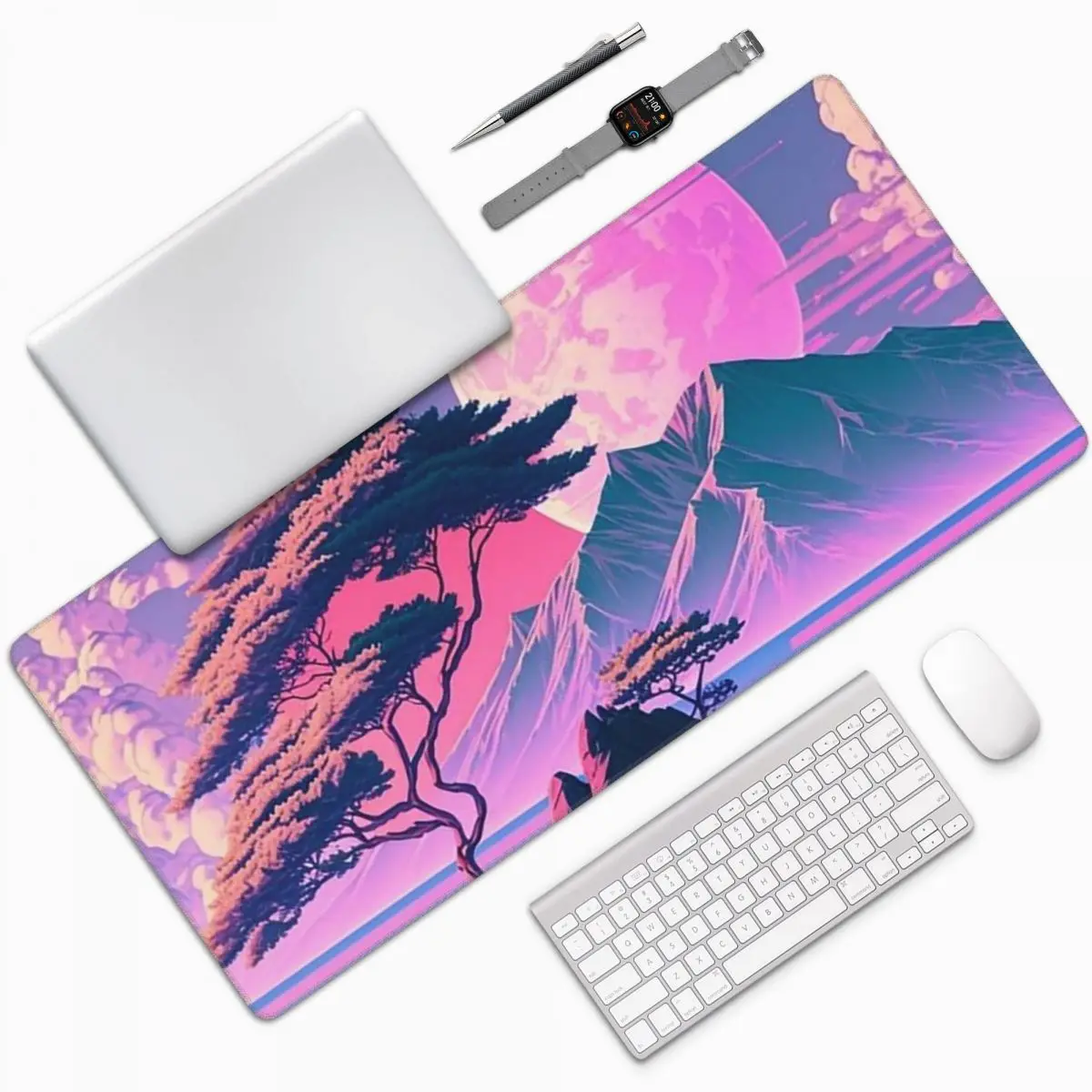 

Vaporwave Mountain Moon Neon Style Large Mouse Pad Computer Keyboard Mouse Mat Gaming PC Laptop Desk Mat Accessories Table Mats