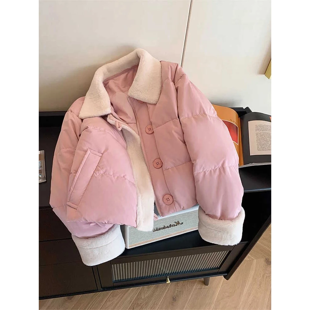 Women Pink Winter Parka Jacket Vintage Outerwear Warm Long Sleeve Coat Korean Cutecore Padded Jacket Autumn 2000s Shoujo Clothes