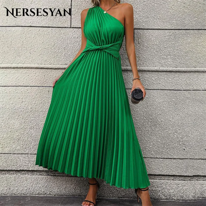 

Nersesyan Sexy Green One Shoulder Party Gowns Satin Pleated Formal Evening Dresses Long A Line Draped Vestidos De Fiesta 2023