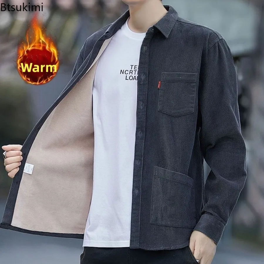 

Новинка 2025 года, мужские вельветовые рубашки с утолщенной флисовой подкладкой, повседневные теплые рубашки с длинными рукавами, куртки, осень-зима, свободные рубашки в стиле ретро, пальто