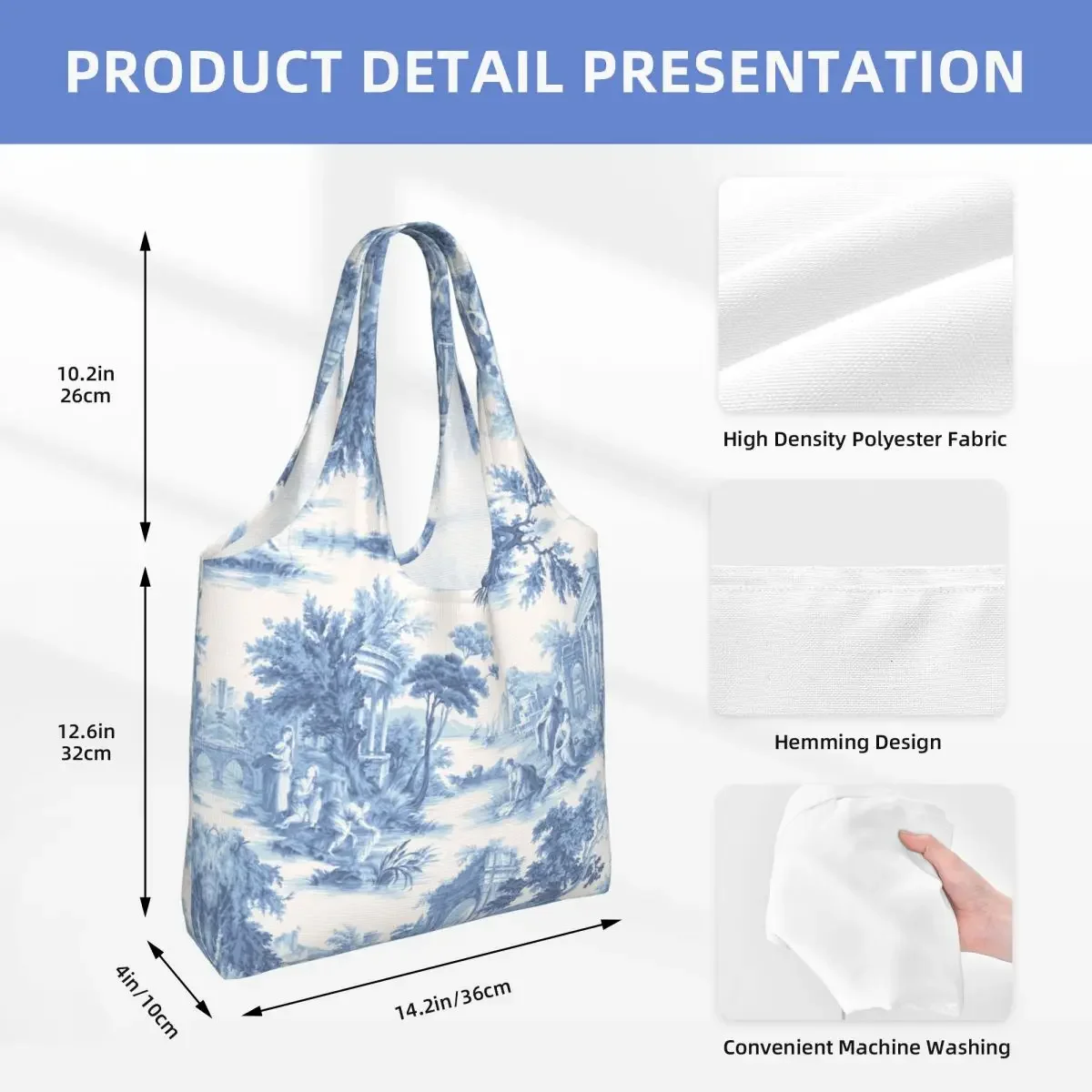 Custom French Toile De Jouy Navy Blue Motif Groceries Shopping Bag Canvas Shopper Tote Shoulder Bags Capacity Washable Handbag