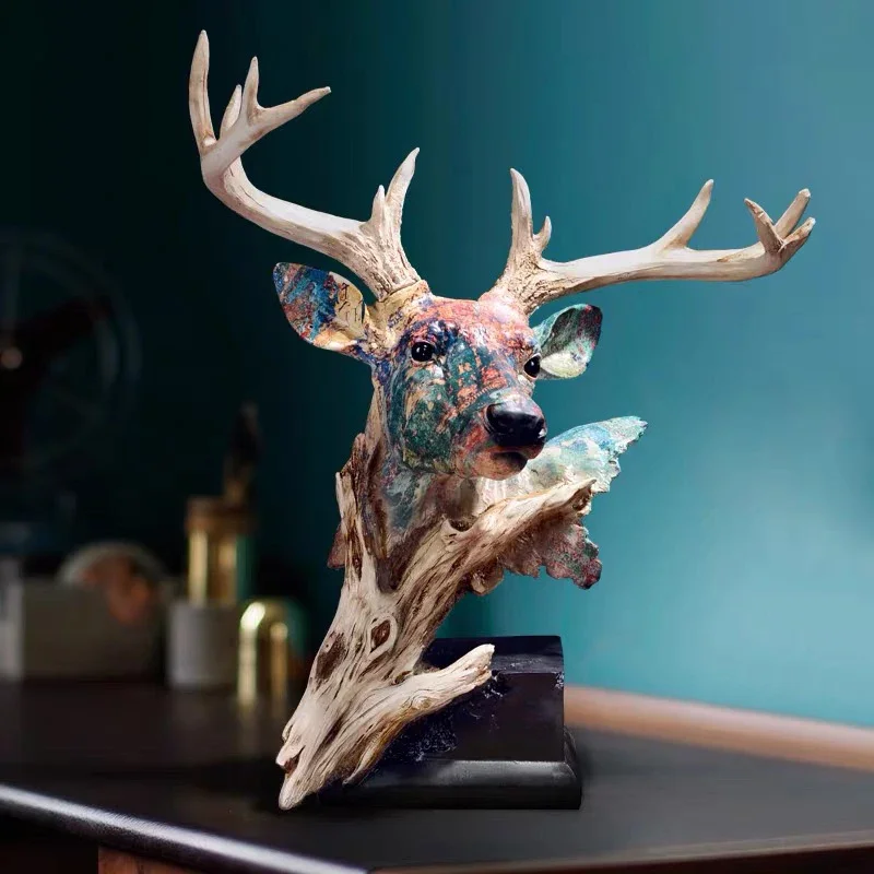 pp-Nordic Style Graffiti Deer Ornament Home Decor Resin Simulation Deer Head Statue Home Office Creative Decoration Crafts