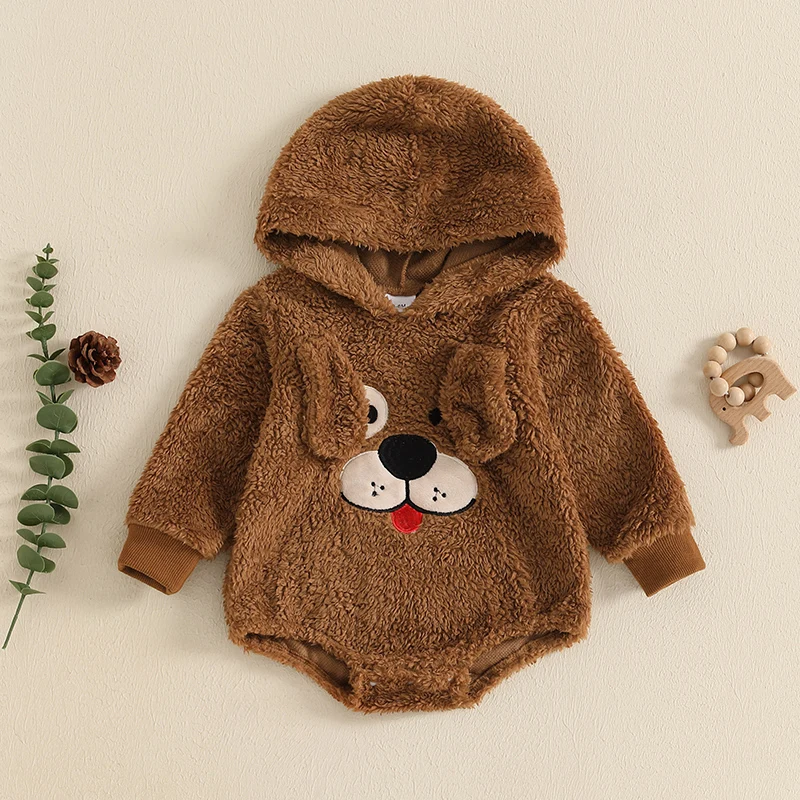 Baby Winter Romper Plush Long Sleeve Hooded Embroidery Dog Bodysuit Clothes for Girls Boys Children's Clothing