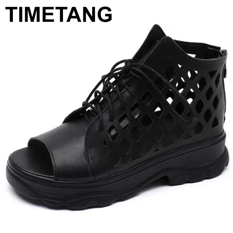 

Summer New Arrival Retro Leisure Chunky Bottom Hollow Cut Out Cross-tied Genuine Leather Women Ankle Short Modern Boots