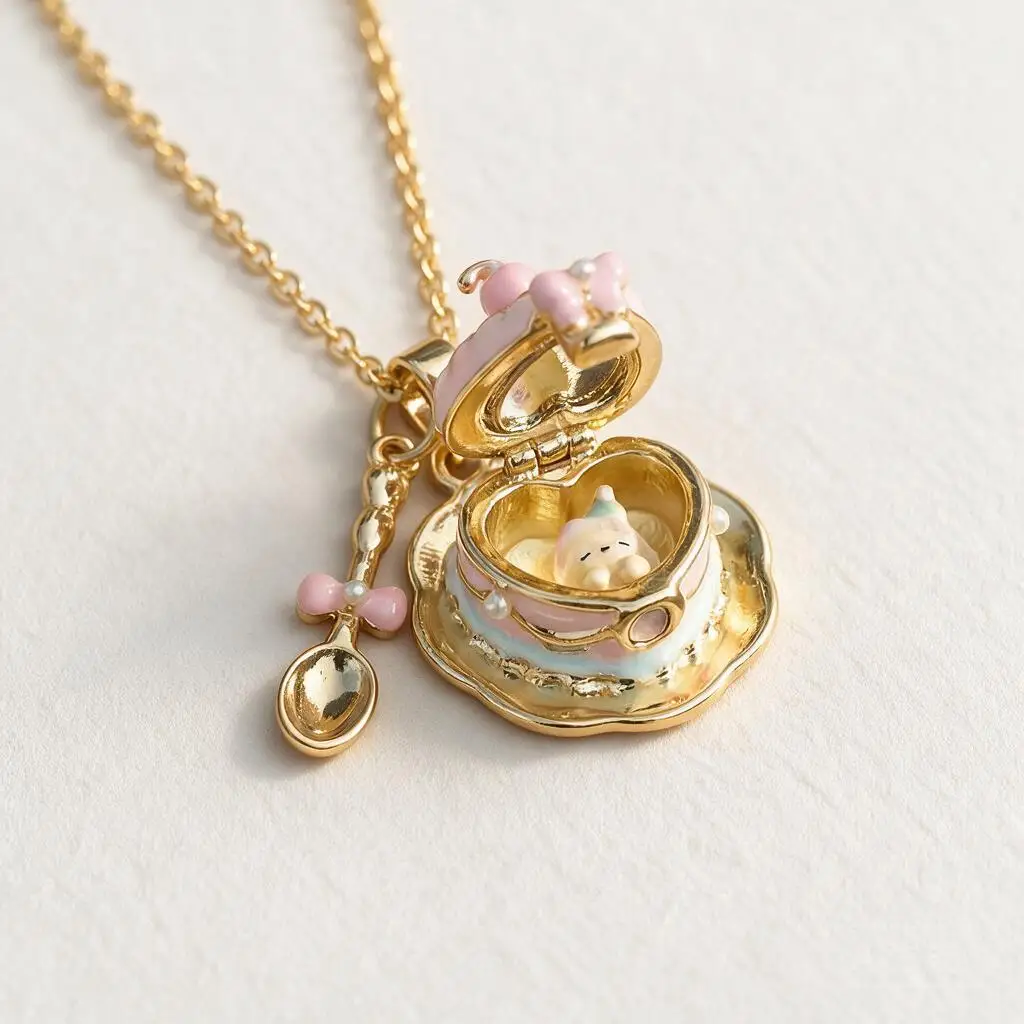 Luxury Cute Openable Teacup Necklace With Mini Spoon Charm Sweet Enamel 18k Gold Plated Colorfast Dainty Jewelry Gift For Women