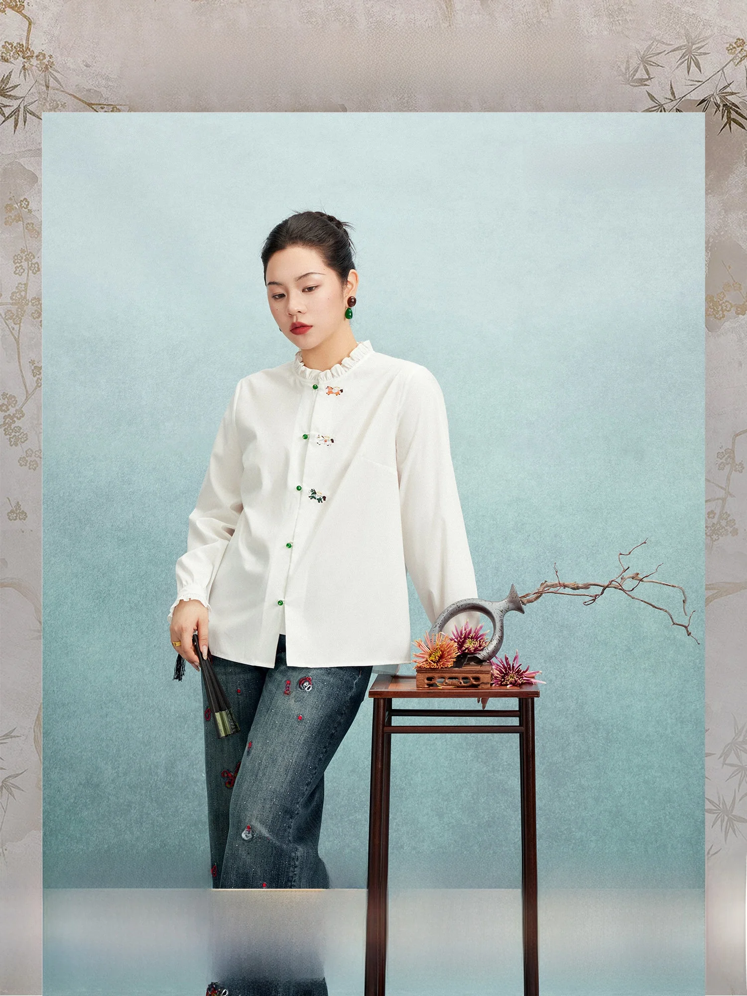 

Plusmall Chinese Style Embroidered Loose Long Sleeve Shirt Shoulder Width Regular Fit Casual Style Spring Season Ladies