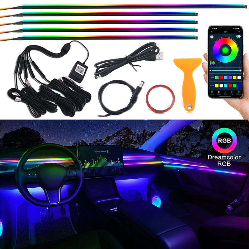 2/5/6 in 1 Symphony LED Ambient Light For Car Interior Dreamcolor Acrylic Strip Lighting Kit Rainbow Atmosphere USB Wireless APP