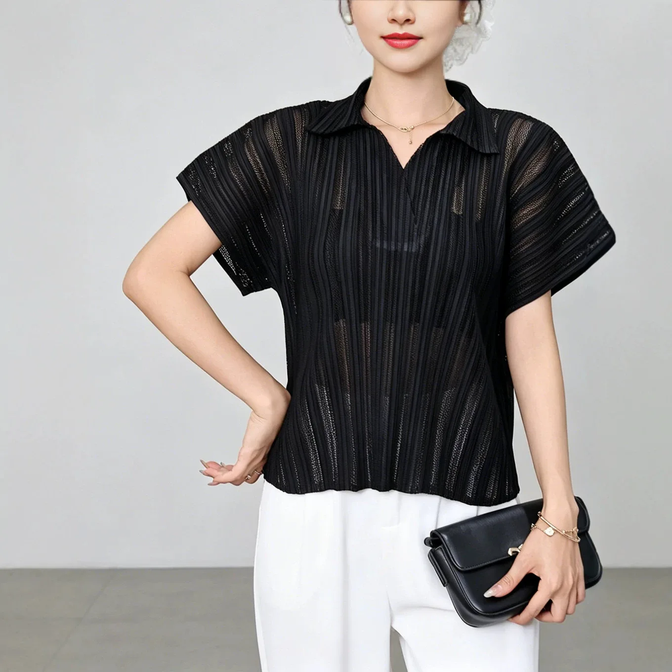 Fold Miyake Pleated Women Striped Blouse Loose Lapel Short Sleeve Top Casual Elegant Breathable Summer Vacation Chic Shirt New