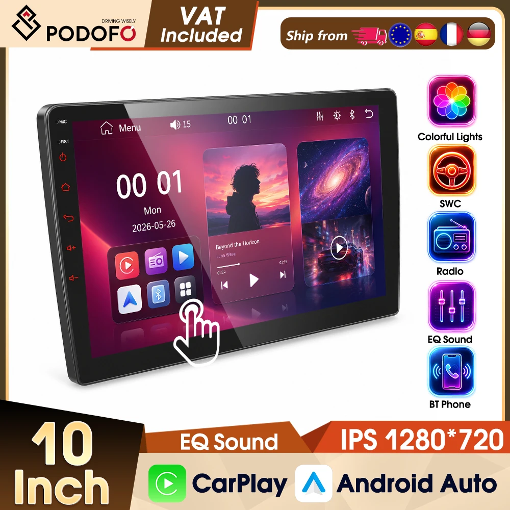 Podofo Universal 10" Auto-MP5-Player, kabelloses CarPlay, Android Auto, Autoradio, Bluetooth, FM, EQ, IPS-Bildschirm, USB, intelligente Systeme