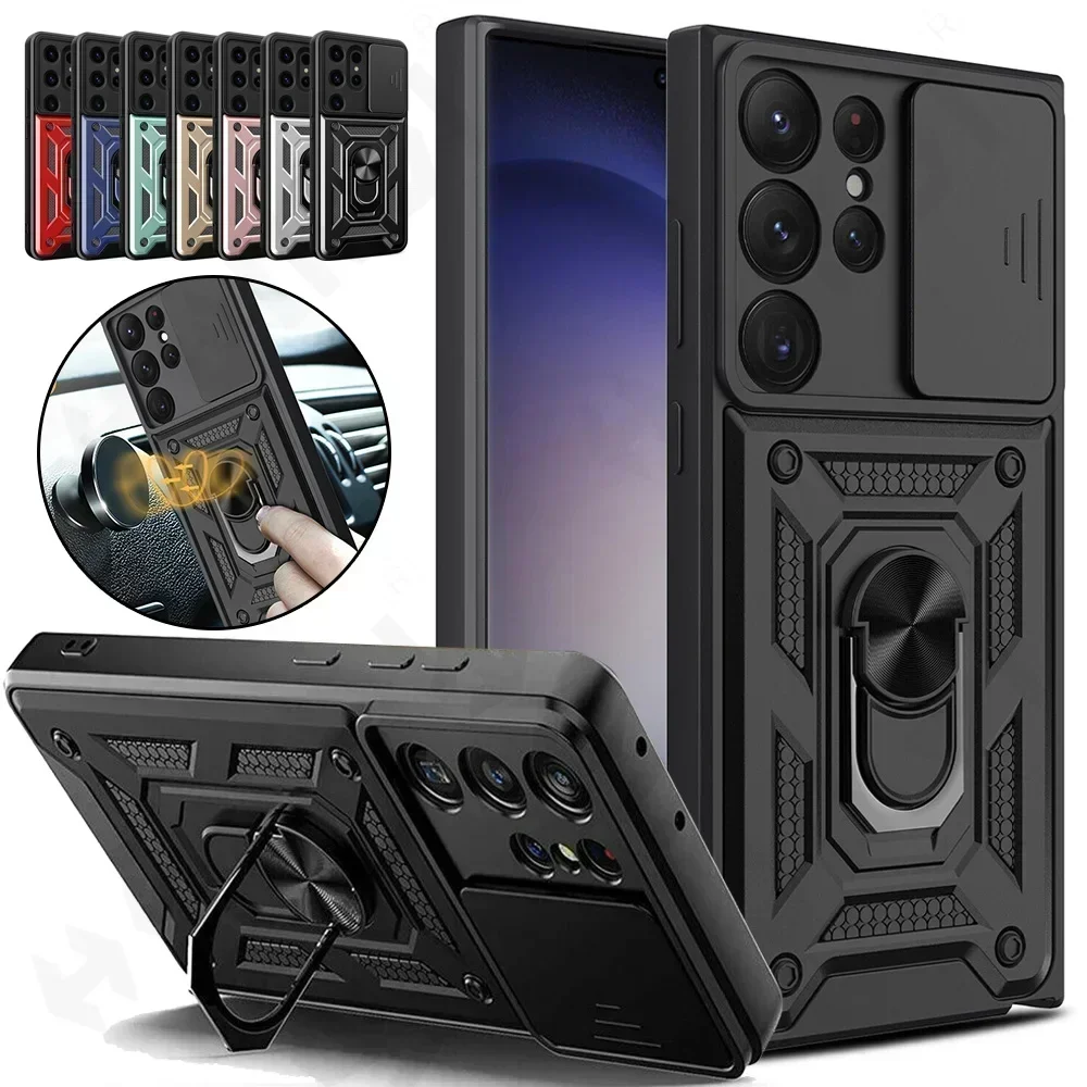 For Samsung Galaxy S21Ultra S22Plus S23FE S24 S25 S26 Camera Lens Phone Case with Ring Stand Armor Rotate Cover Cases