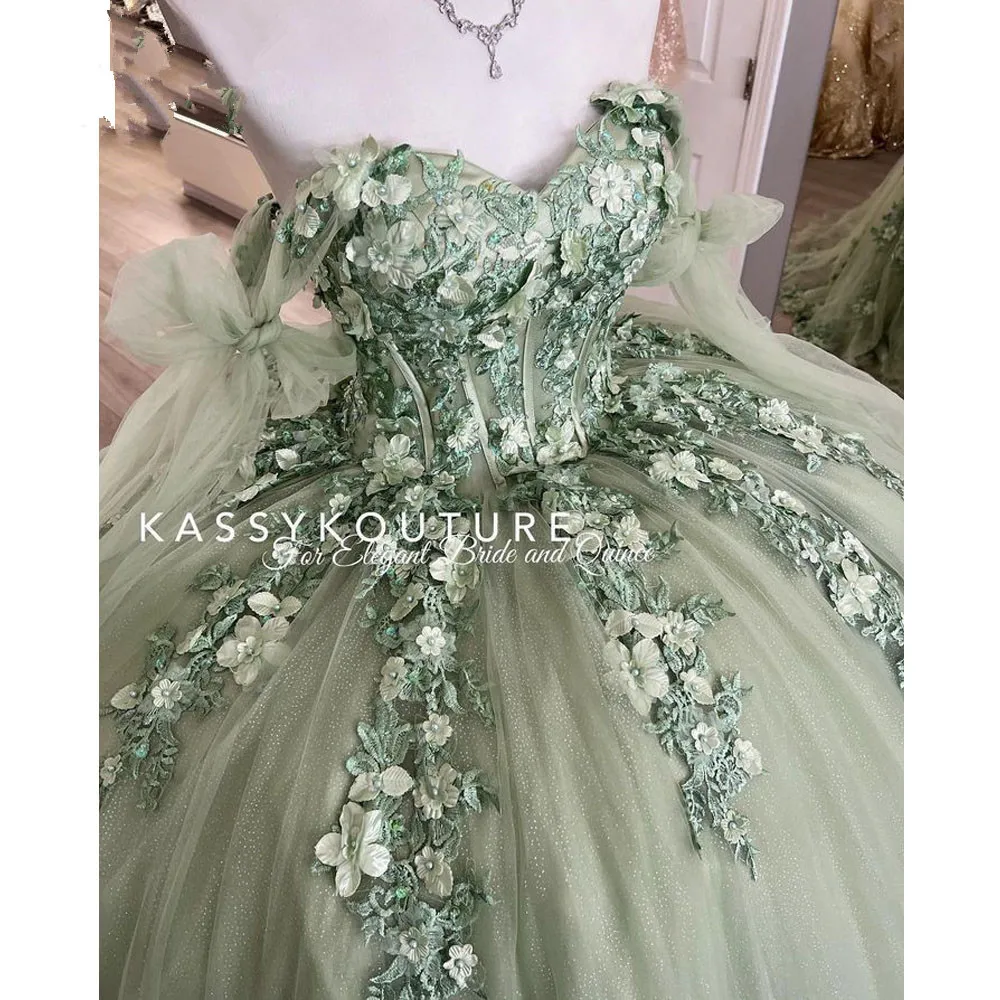 Robe De princesse Quinceanera à lacets, vert menthe, avec Appliques florales, corset, épaules dénudées, pour bal De fin d'année, 2023