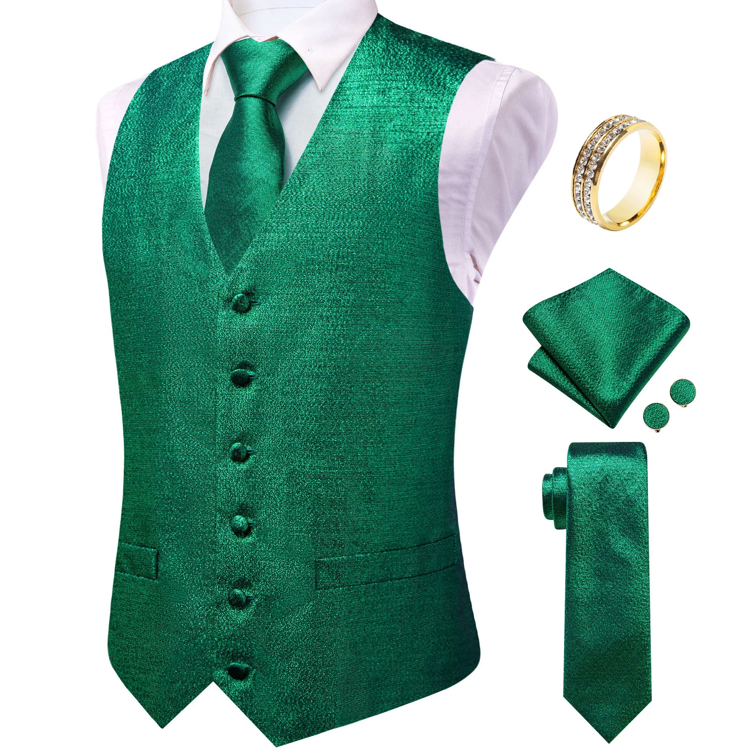 Emerald Green Waistcoat 5-Piece Set for Men, Vest Tie Hanky Cufflinks Ring, Gentleman Formal Outfit Banquet