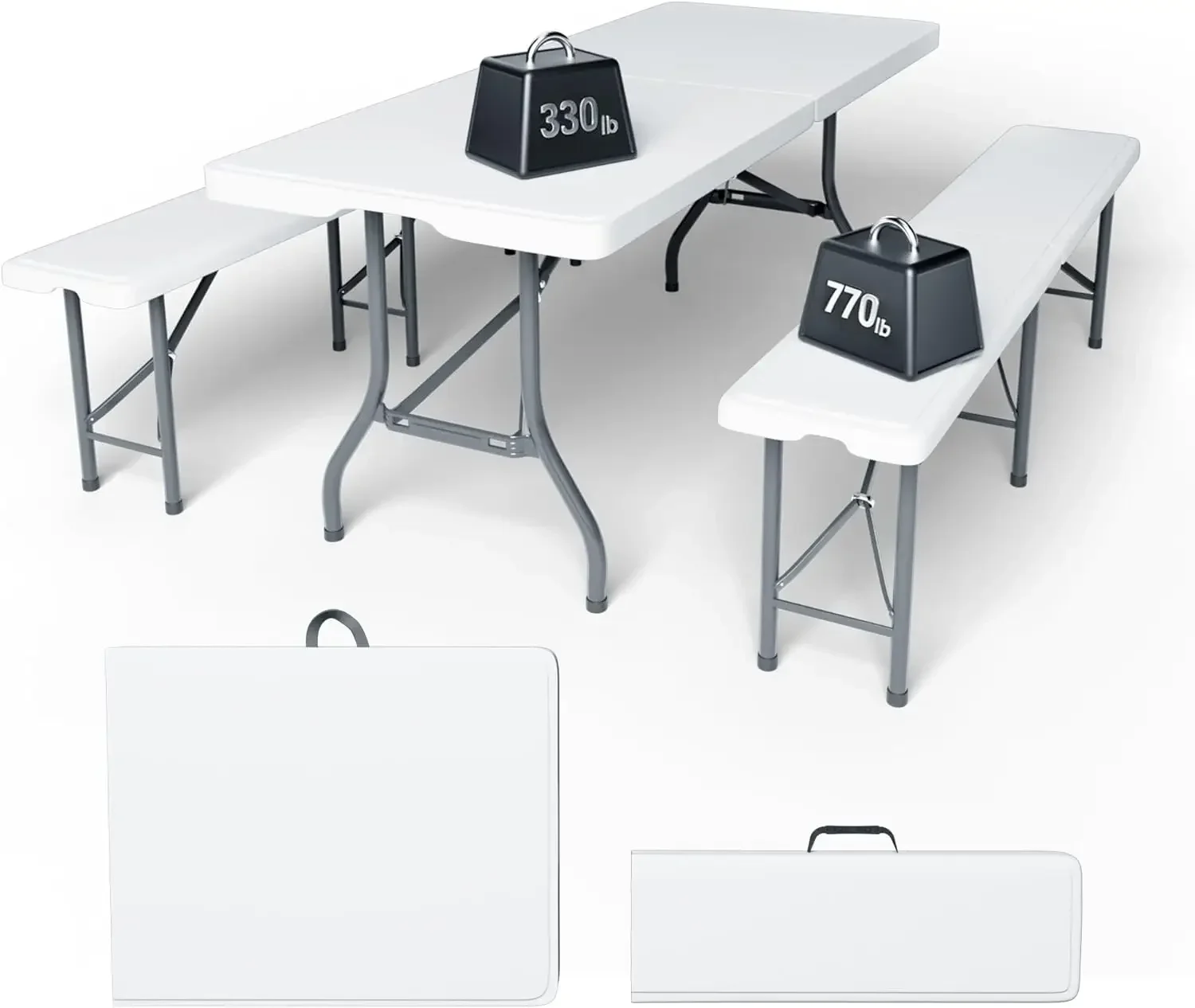6FT Folding Table Set with 2 Folding Benches, Locking Safety Design, Heavy Duty HDPE Materials, 3-Piece Portable Folding Furnitu