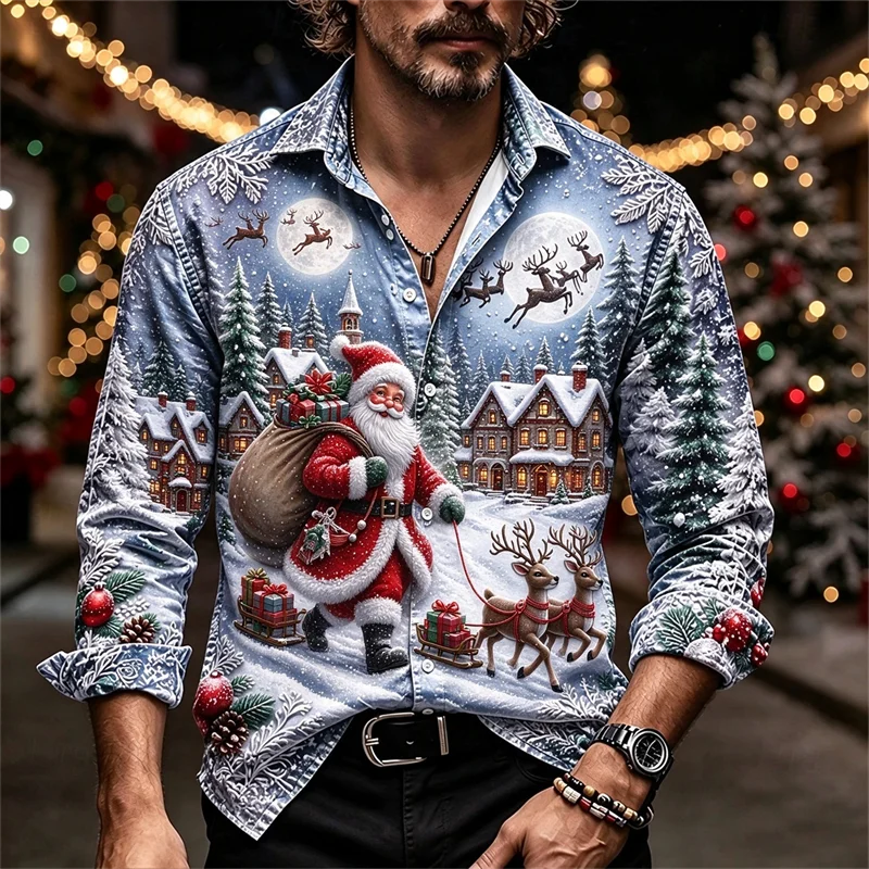New men's shirt with orange gold Santa Claus leading reindeer, pine forest, snow scenery, moon, snowflake print shirt