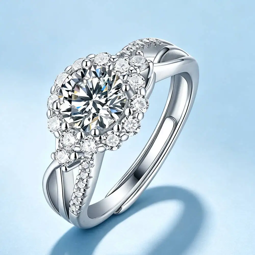 925 Sterling Silver 1CT Halo Twist Split Pave Adjustable Ring D VVS1 Moissanite Multi Tone Engagement Fine Jewelry For Women