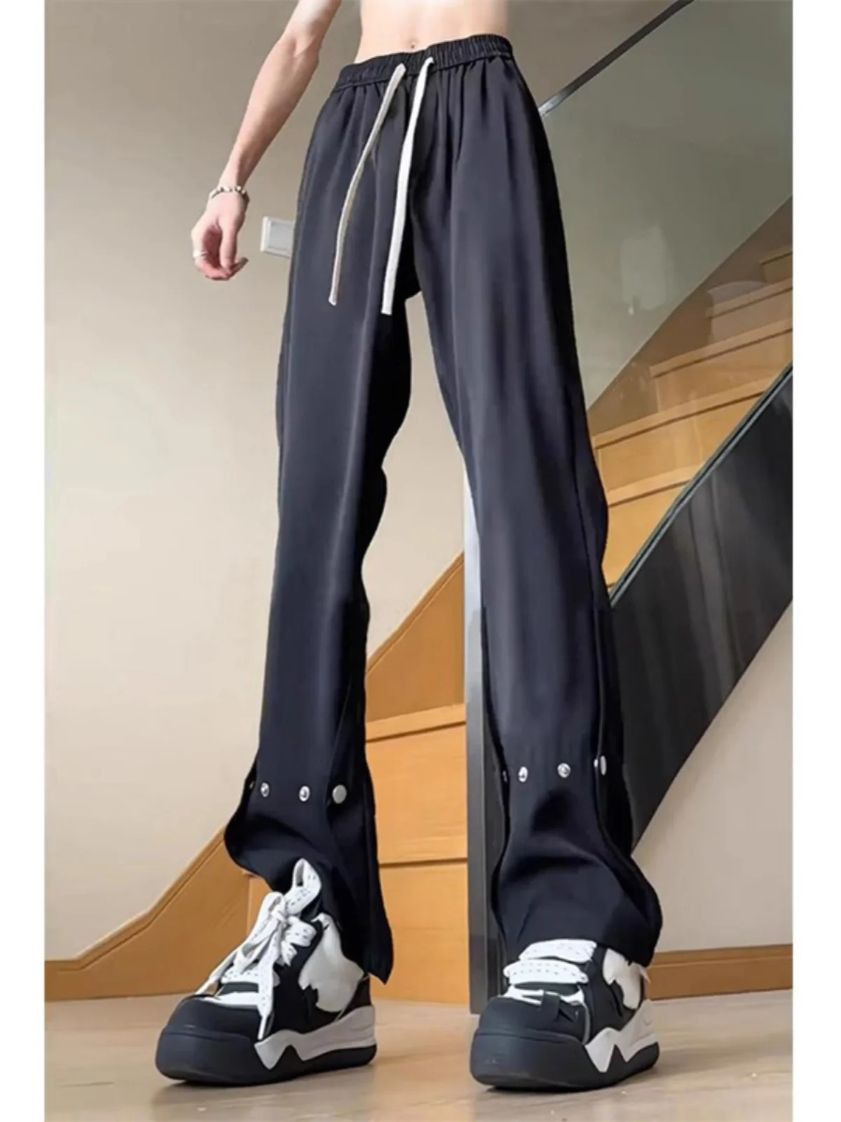

Bla Deconstructed Rivet Pants Men's Summer High-End Drapey Ice Silk Suit Pants American Vibe Flared Casual Trousers