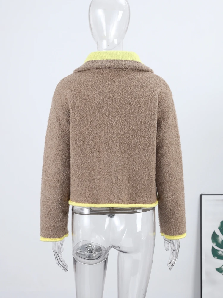 Patchwork Women Knitted Jacket Stand Collar Zipper Pockets Long Sleeve Coat Female Clothing Streetwear Fashion Spring Fall 2025 view 4