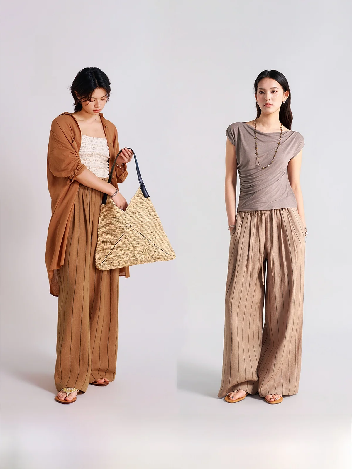 

Retro Colored Woven Thin Stripe Linen Wide Leg Pants Comfortable Full Elastic Waist Soft Tones Loose Feeling Long Trousers 2 ...