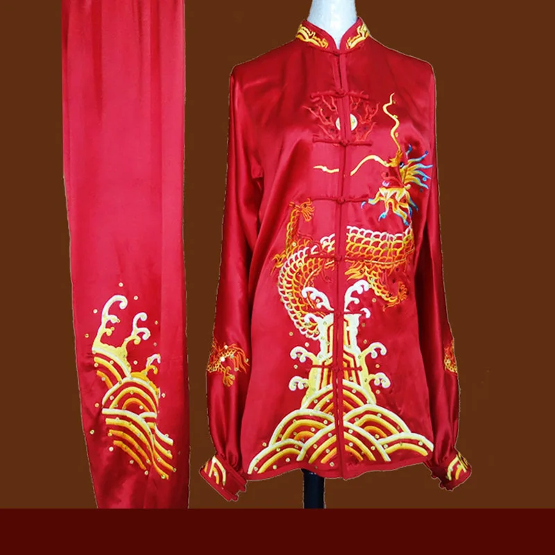 Red Wushu Performance Costume Embroidered Dragon Men Women Kung Fu Practice Suit Tai Chi Uniform Changquan Competition Custom