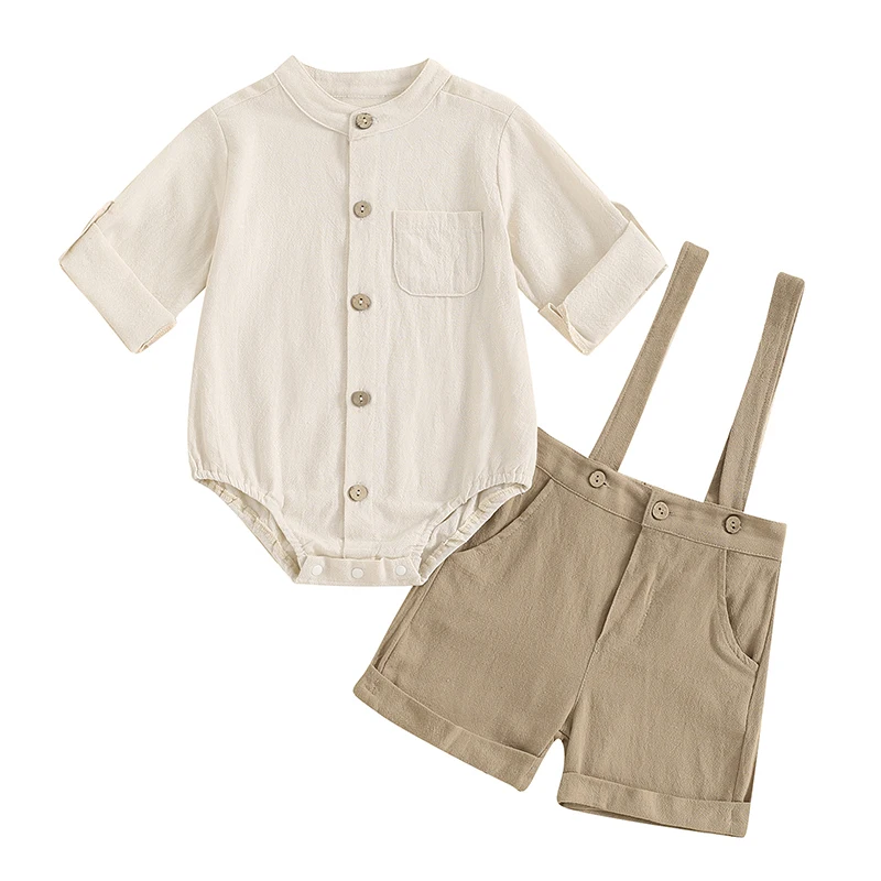 

Infant Baby Boy Gentleman Outfit Suit Cotton Short Sleeve Romper Bodysuit Suspender Shorts Set Summer Clothes