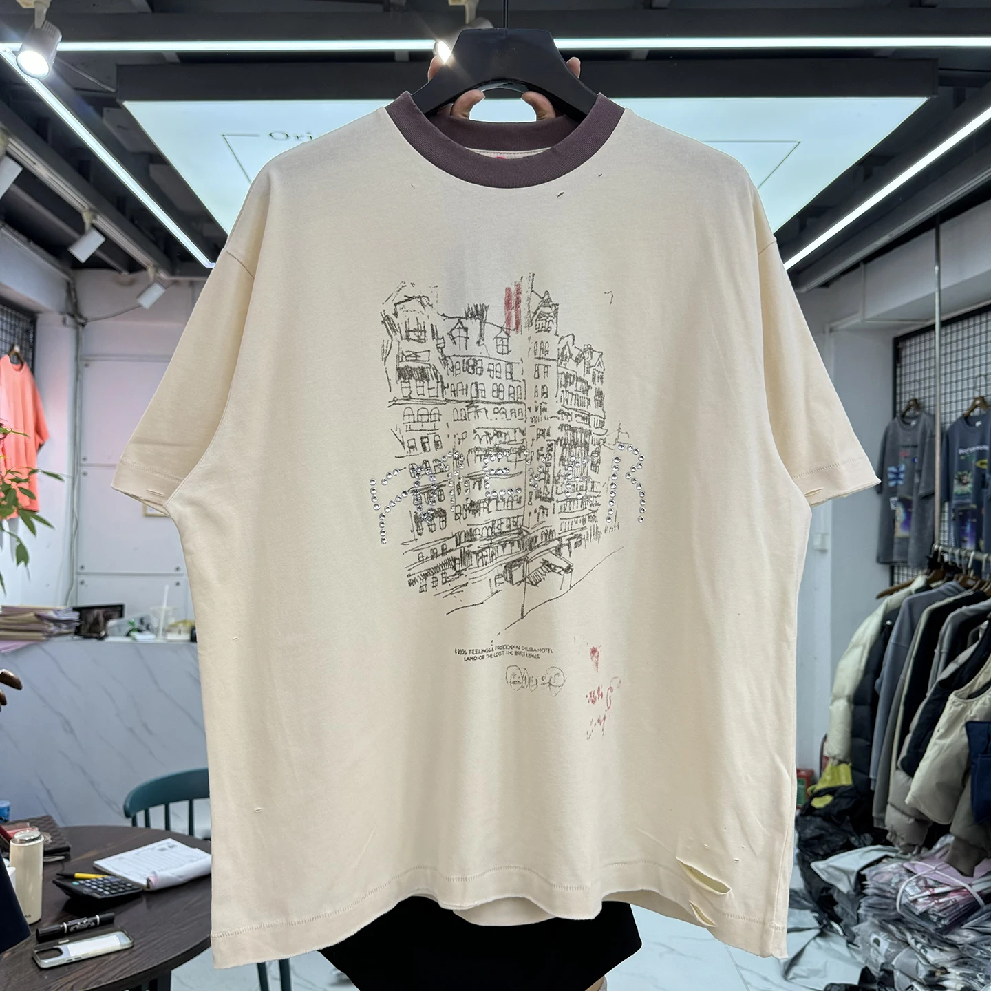 Paly High Street Heat-sealed Rhinestone Sketch Line Color Block Washed Vintage Short Sleeve T-shirt Summer Men's Loose Fit Co...