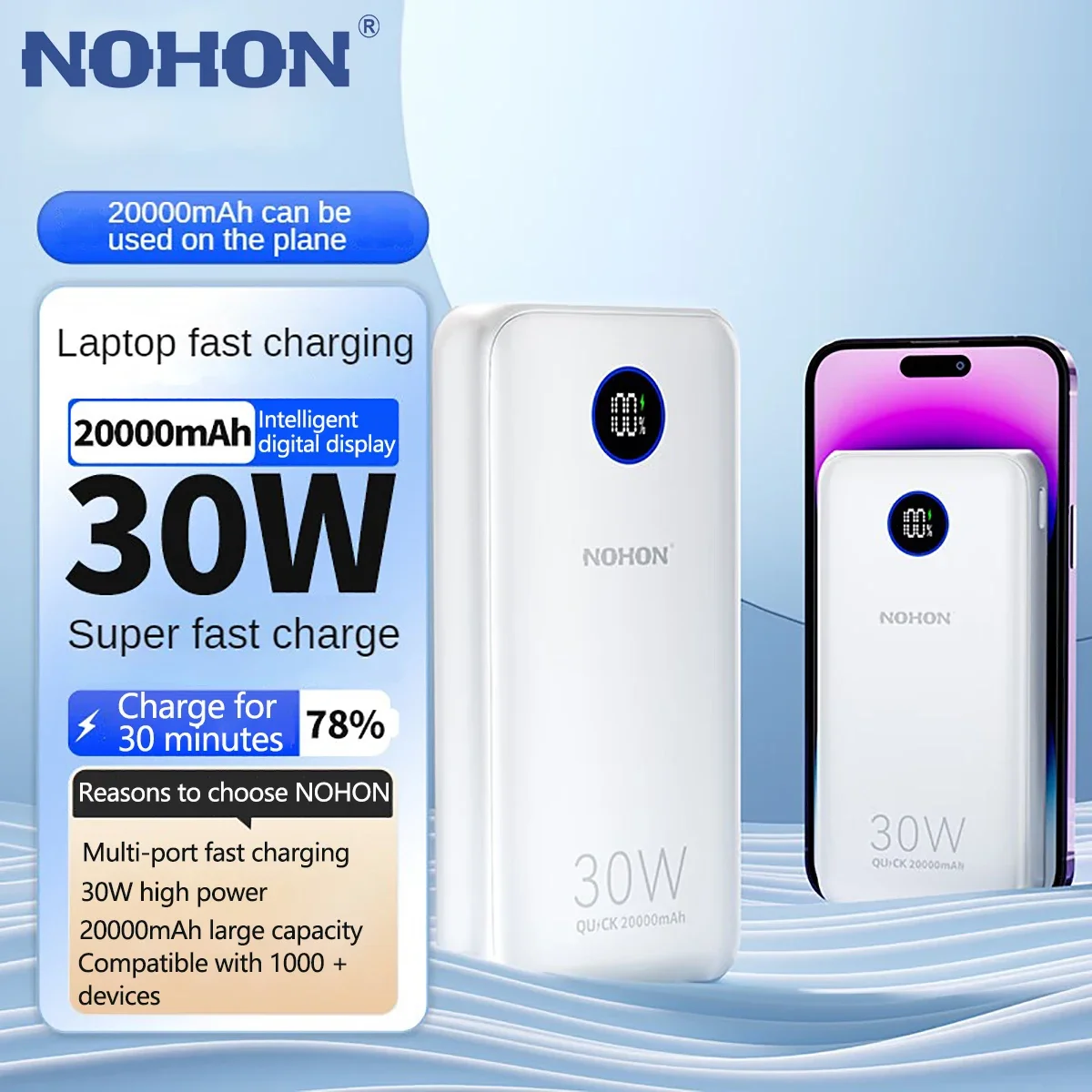 

NOHON Power Bank 20000mAh Fast Charging For iPhone 15 Xiaomi 14 iPad Samsung Mini PowerBank External Fast Charge Battery Charger