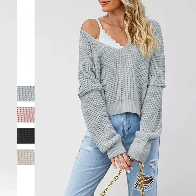 

Fall/Winter 2025 New Comfortable V-neck Solid Color Off-the-shoulder Knit Sweater Long Sleeve Hollow Pullover Loose Sweater