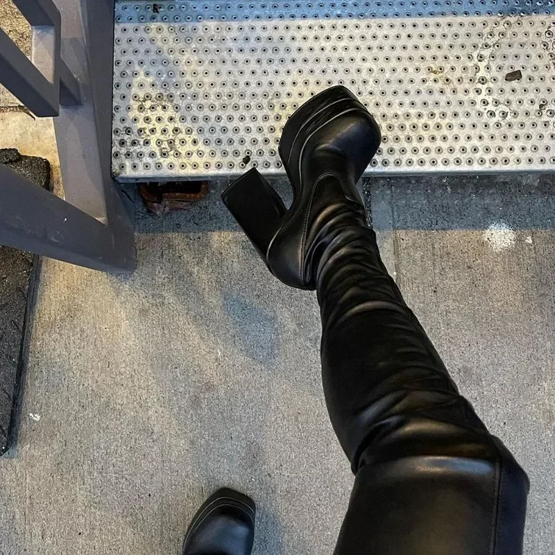 Bonjomarisa Women Thigh High Boots Double Platform Block High Heels Over The Knee Boots Zip Sexy Long Shoes Boots for Woman