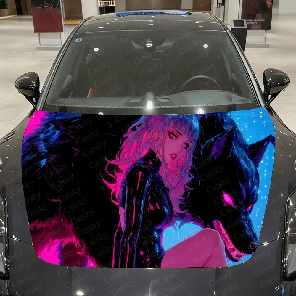 

Purple-Blue Style Wolf & Lady Car Vinyl Wrap, PVC Material Waterproof Car Hood Sticker, Self-Adhesive Scratch-Resistant Stickers