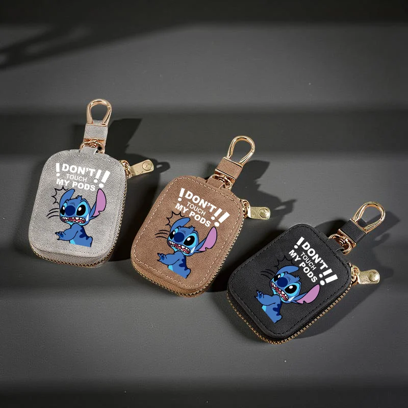 เคสใส่หูฟังไร้สายหนัง PU ลายเย็บ พร้อมช่องตาข่ายและพวงกุญแจสำหรับหูฟังไร้สาย