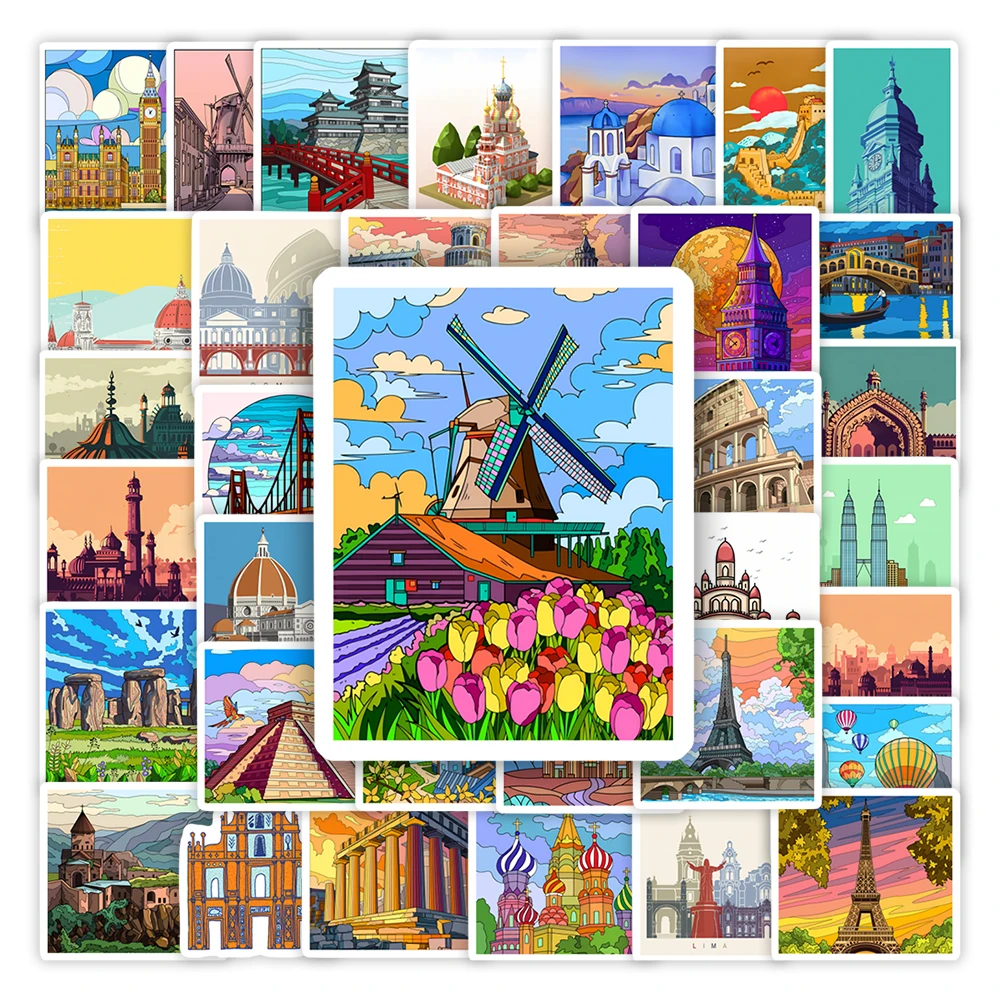 Travel Landmark Famous Architecture Stickers DIY Kids Toys Gift Waterproof Decal for Journal Scrapbook Laptop Luggage Decorative