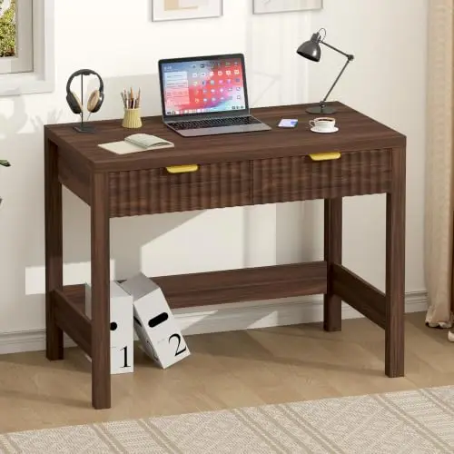 32 Inch Small Fluted Computer Desk with 2 Drawers for Bedroom, Home Office | Small Computer Desk with Storage, Compact