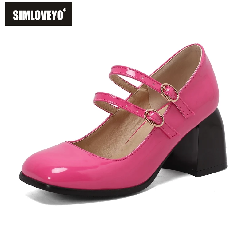 

SIMLOVEYO Mary Jane Female Pumps Square Toe Chunky Heels 7cm Double Buckle Straps Plus Size 50 Patent Leather Sweet Women Shoes