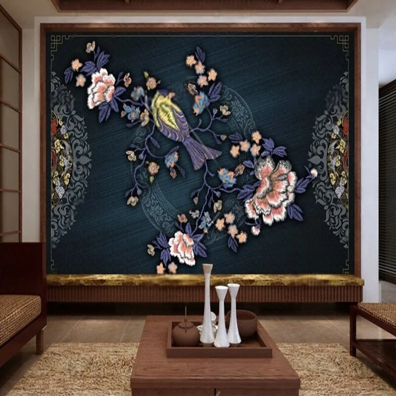 Modern and simple embroidered floral and bird patterns Chinese-style custom TV luxury home decoration background wall