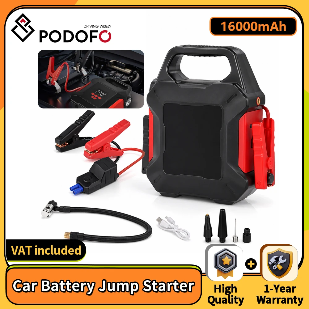 Arrancador de Coches Inteligente Podofo J28 con Clip, Banco de Energía de 16000mAh, Corriente de Arranque de 600A, Pico de 1800A, Potenciador de Batería Portátil para Vehículos, Arrancador de Emergencia y Fuente de Alimentación