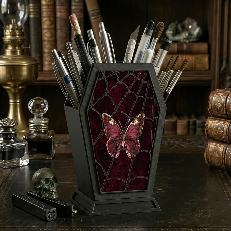 Gothic Coffin Pen Holder with Burgundy Velvet & Gold Butterfly Print - Spooky Dark Academia Desk Organizer for Gothic Lovers