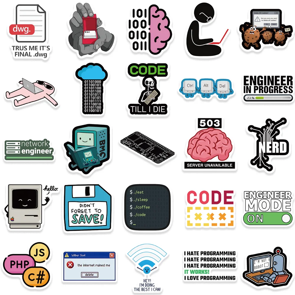 50pcs Cartoon Engineer Programming Network Coding MEME Stickers Waterproof DIY Computer Laptop Skateboard Phone Vinyl Decal Gift